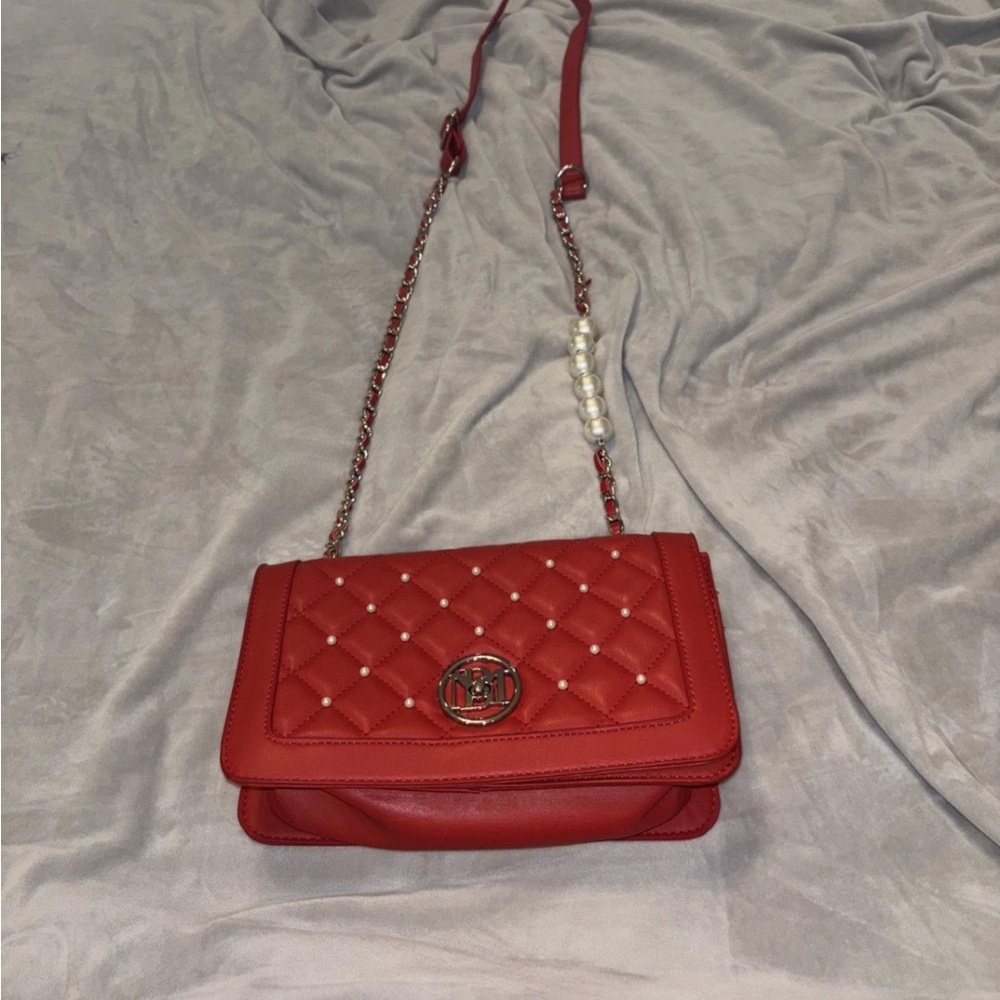Badgley Mischa Elegant Red Quilted Shoulder Bag with pearl accents